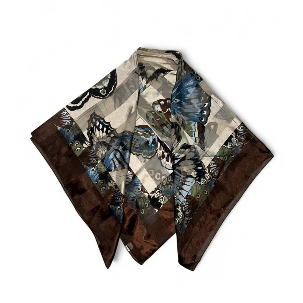 Blue Brown Beige Butterfly Print Square Scarf for‎ Women Vintage Fairy